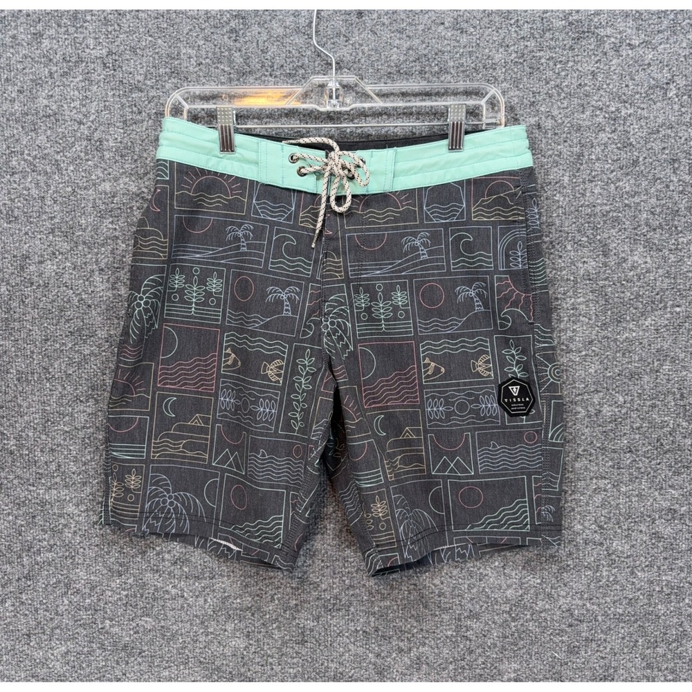 Vissla Board Shorts Mens 30 Black Tiki Print Stretch Surf Swim Trunks Walking